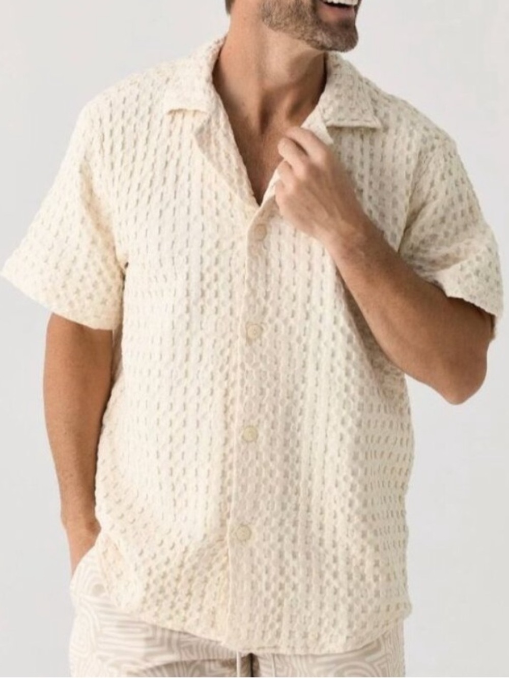 NWT OAS Cuba Waffle Knit Short Sleeve Ecru Button Down Shirt Size Large NEW